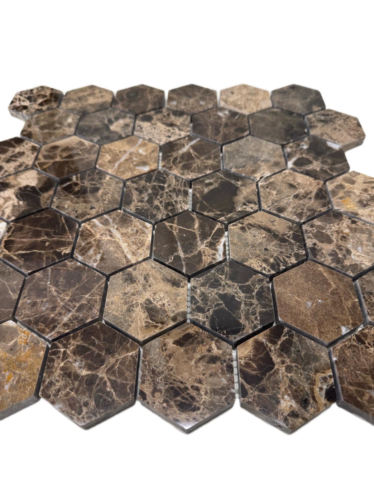 art 711 Marron Emperador Hexagon Marmer Mozaïek 48x48mm op matje 300x300x10mm poli