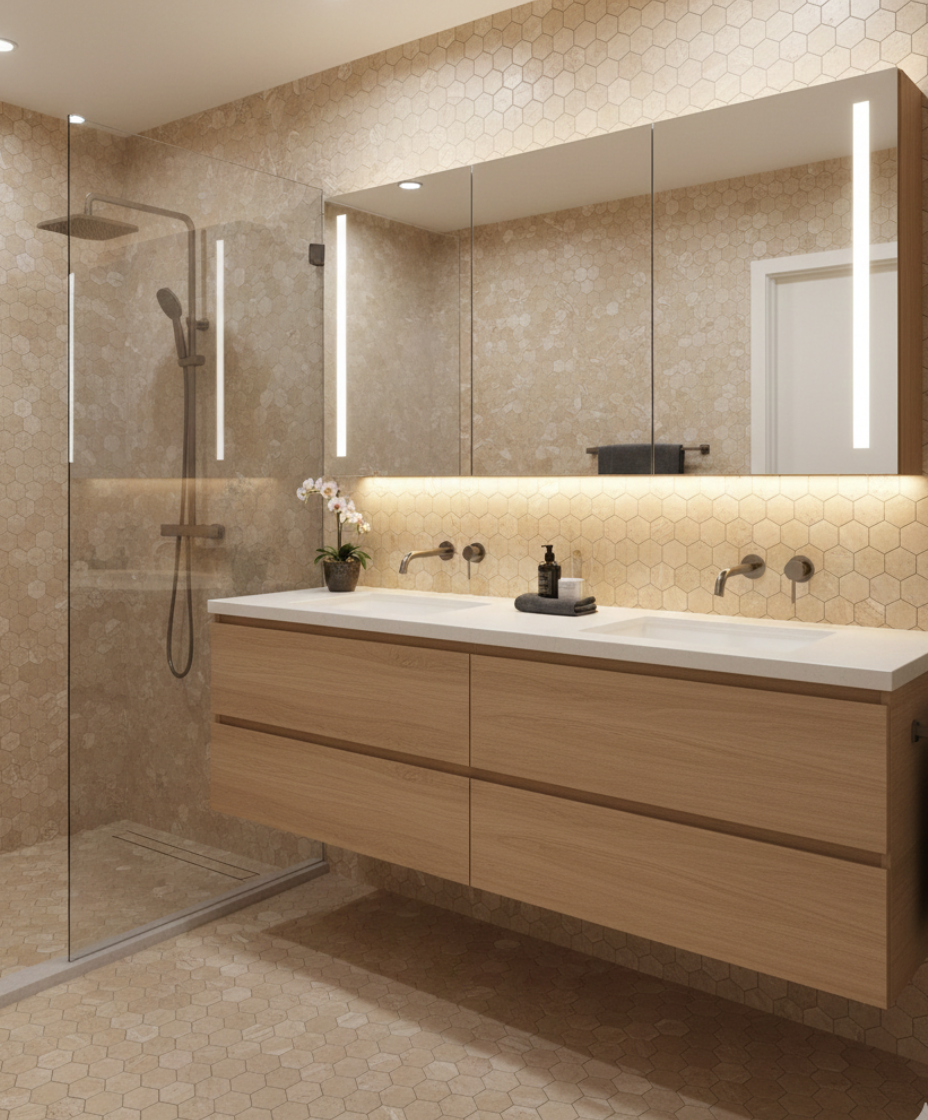 art 709 Travertin Hexagon Marmer Mozaïek 48x48mm op matje 300x300x10mm