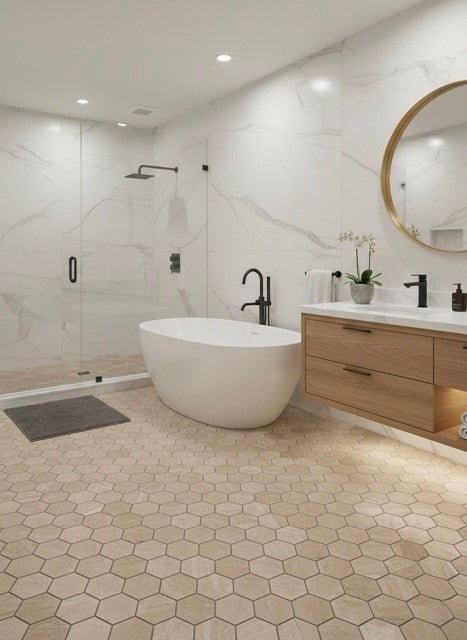 art 708 Travertin Light  Hexagon 150mm op matje 300x300x10mm gezoet