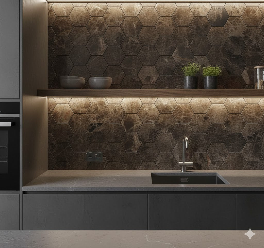 art 710 Marmer  Marron Emperador Hexagon 150MM op matje 300x300xx10mm mat